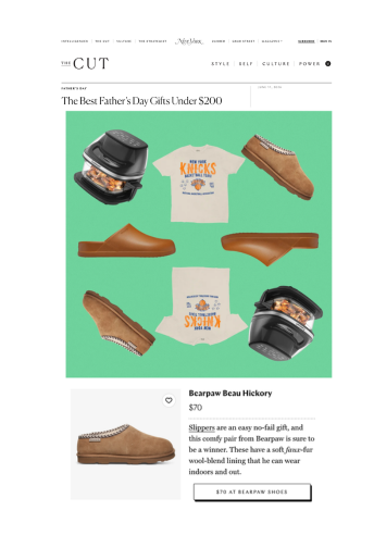 fashion pr placement of bearpaw in new york magazine's the cut father's day gift guide